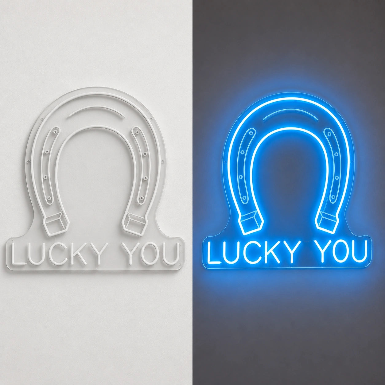 Lucky You Horseshoe Vintage LED Neon Sign day and night comparison