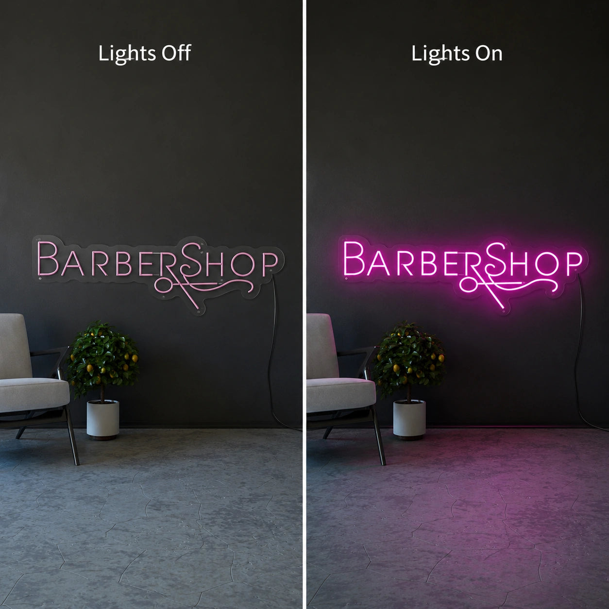 Magenta Barbershop Script Neon Sign LED Neon Sign day and night comparison