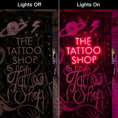 Magenta Tattoo Shop Neon Sign LED Neon Sign day and night comparison