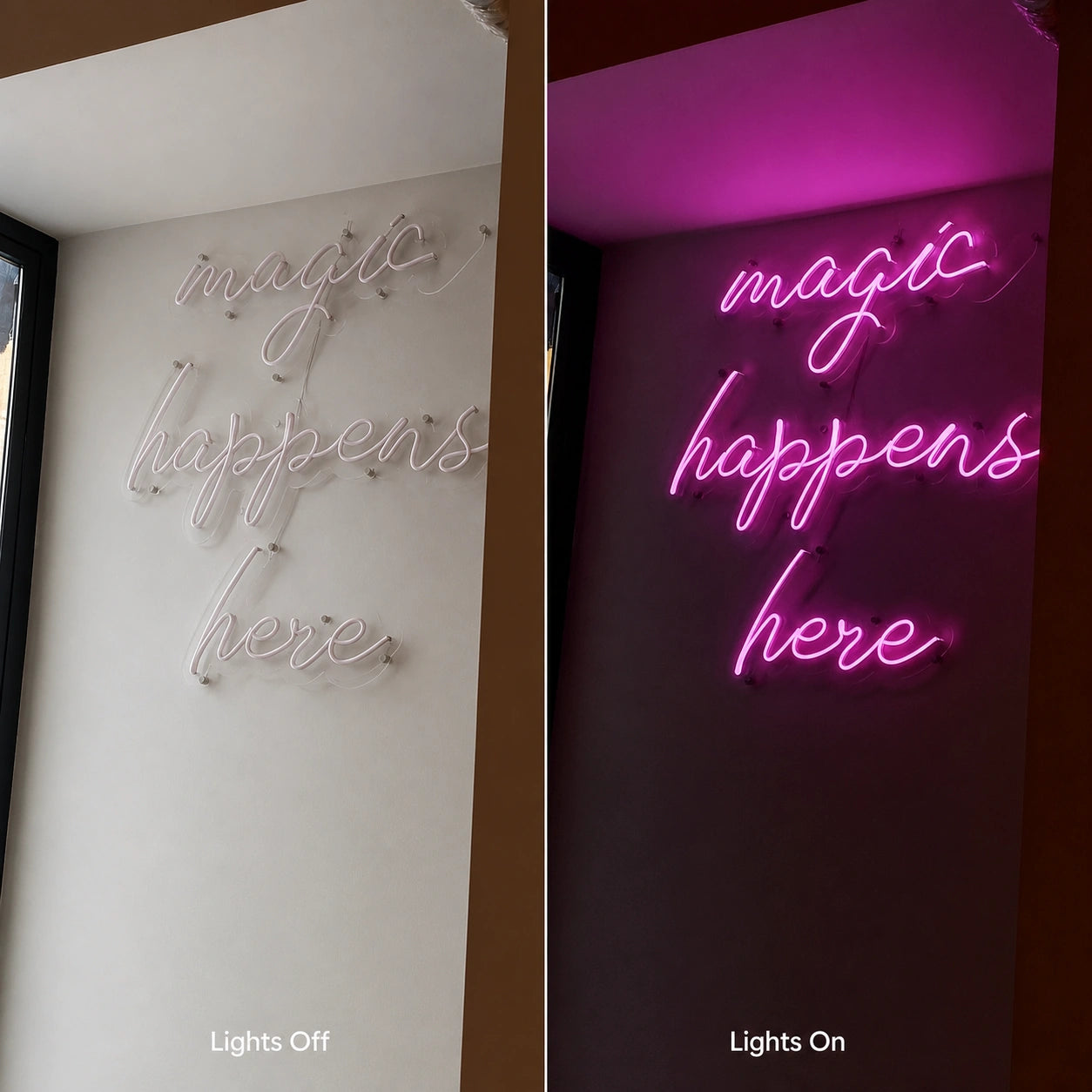 Magic Happens Here LED Neon Sign Man Cave Neon Sign day and night comparison