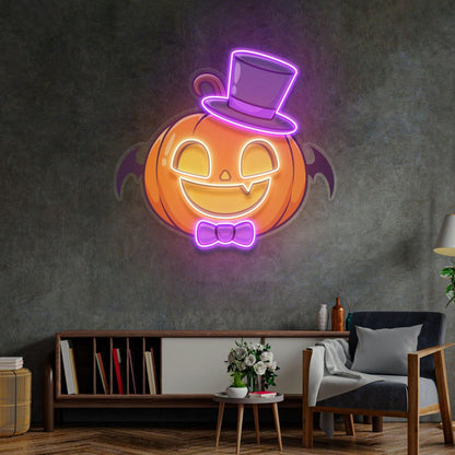Magician Pumpkin Uv Printed Led Neon Sign With Bat Bowtie For Halloween Home Decor | Shineneon