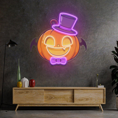 Magician Pumpkin Uv Printed Led Neon Sign With Bat Bowtie For Halloween Home Decor | Shineneon