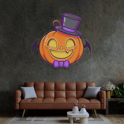 Magician Pumpkin Uv Printed Led Neon Sign With Bat Bowtie For Halloween Home Decor | Shineneon