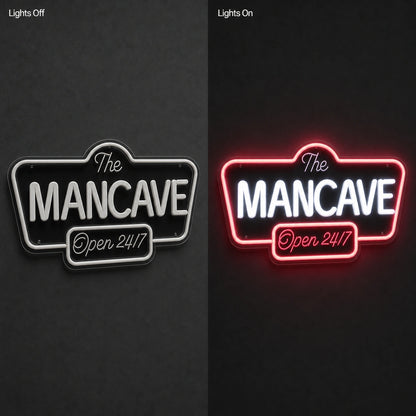 Man Cave Open 24 7 LED Neon Sign day and night comparison