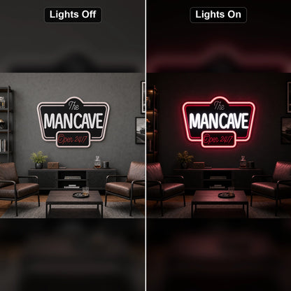 Man Cave Open 24 7 LED Neon Sign Home Garage Wall Decoration day and night comparison