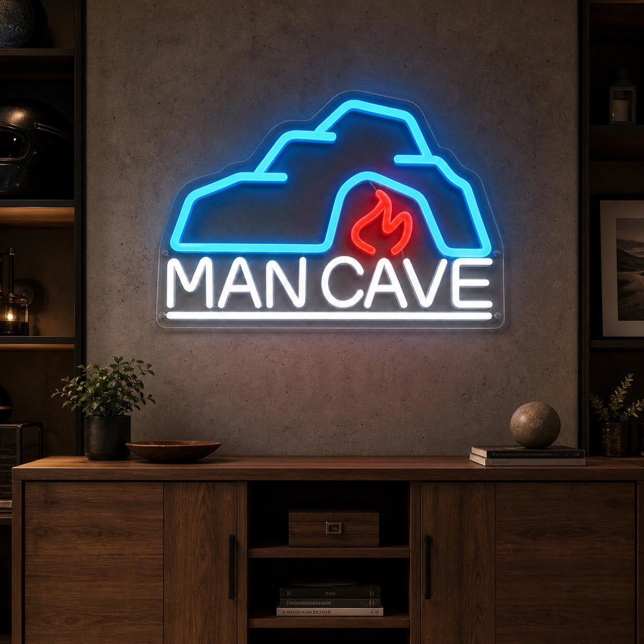 Man Cave With Roof And Flame LED Neon Sign real lifestyle scene