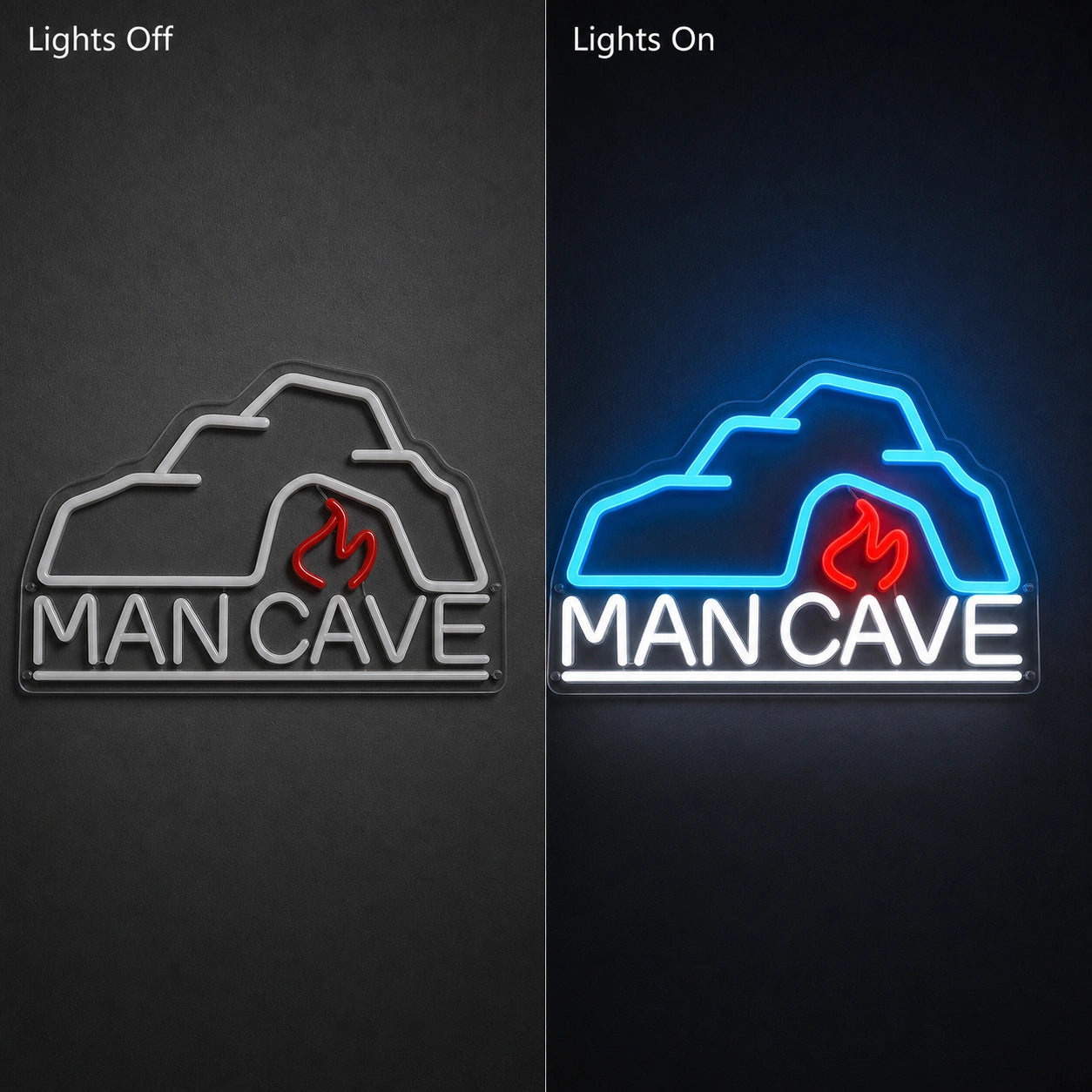 Man Cave With Roof And Flame LED Neon Sign day and night comparison