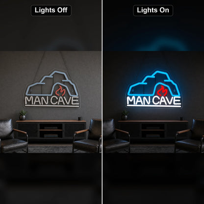 Man Cave With Roof And Flame LED Neon Sign Home Bar Wall Decoration day and night comparison