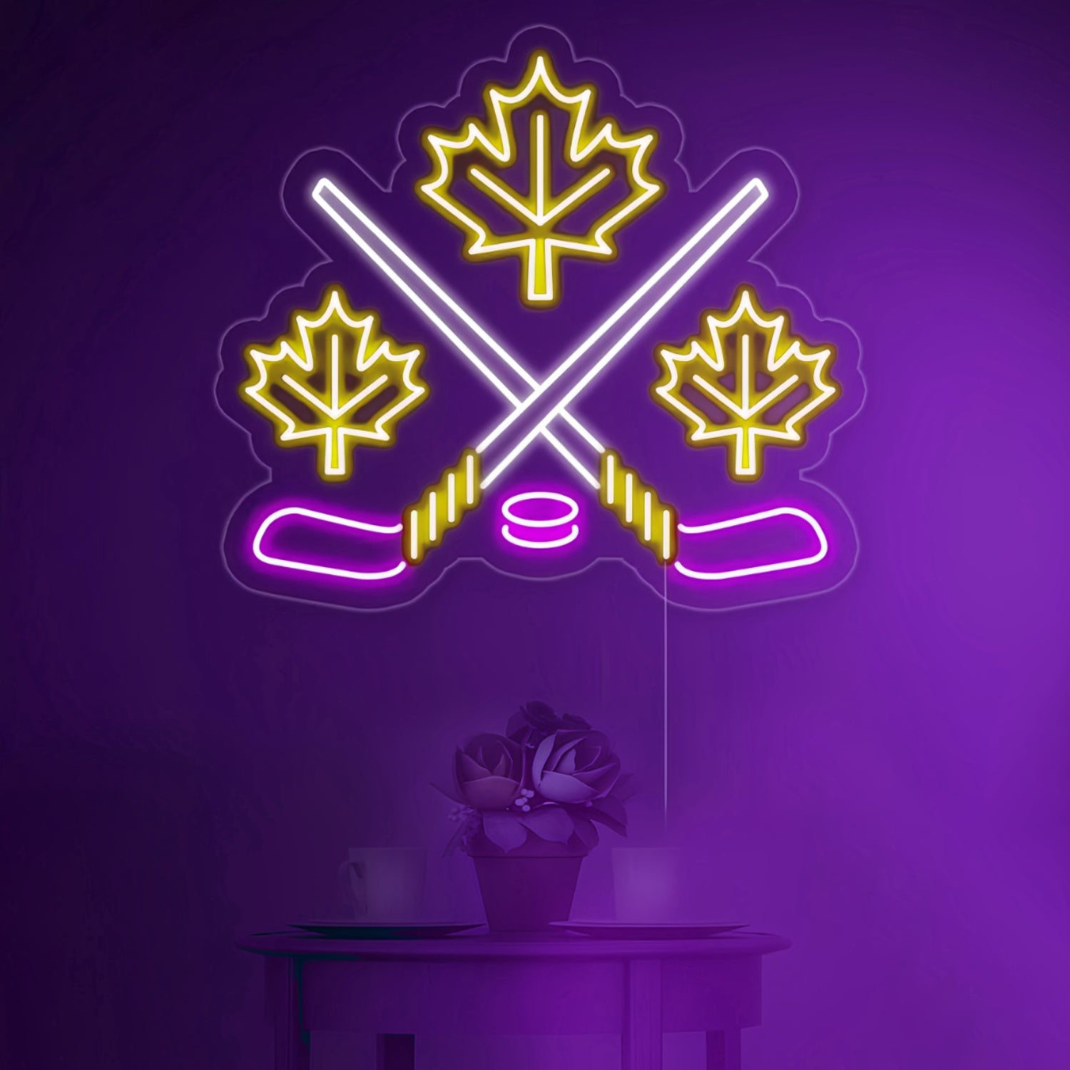 Maple Leaves With Crossed Hockey Sign In Neon Light | Shineneon