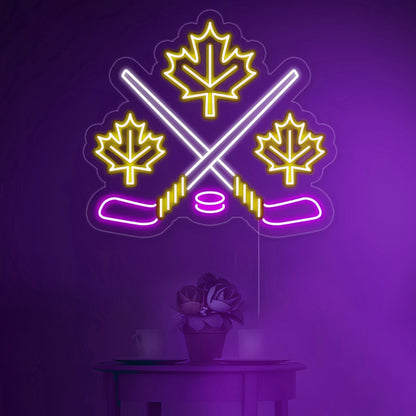Maple Leaves With Crossed Hockey Sign In Neon Light | Shineneon