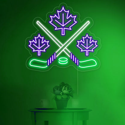 Maple Leaves With Crossed Hockey Sign In Neon Light | Shineneon