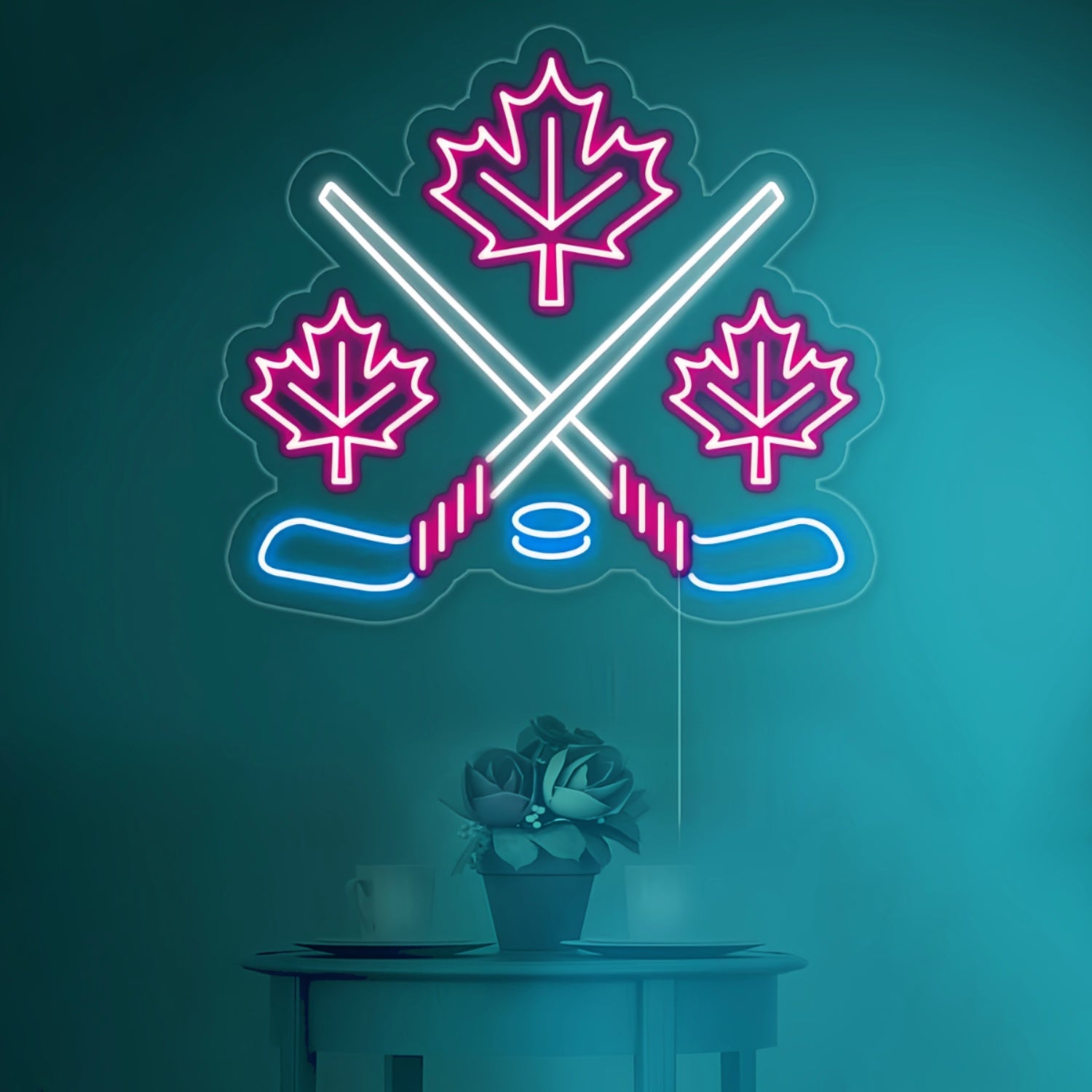 Maple Leaves With Crossed Hockey Sign In Neon Light | Shineneon