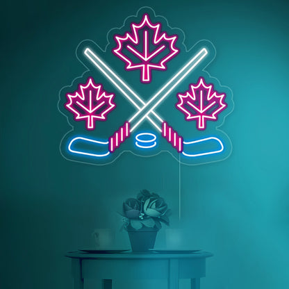 Maple Leaves With Crossed Hockey Sign In Neon Light | Shineneon