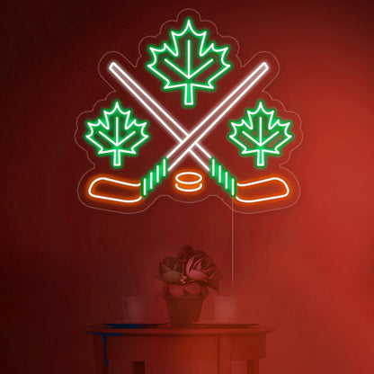 Maple Leaves With Crossed Hockey Sign In Neon Light | Shineneon