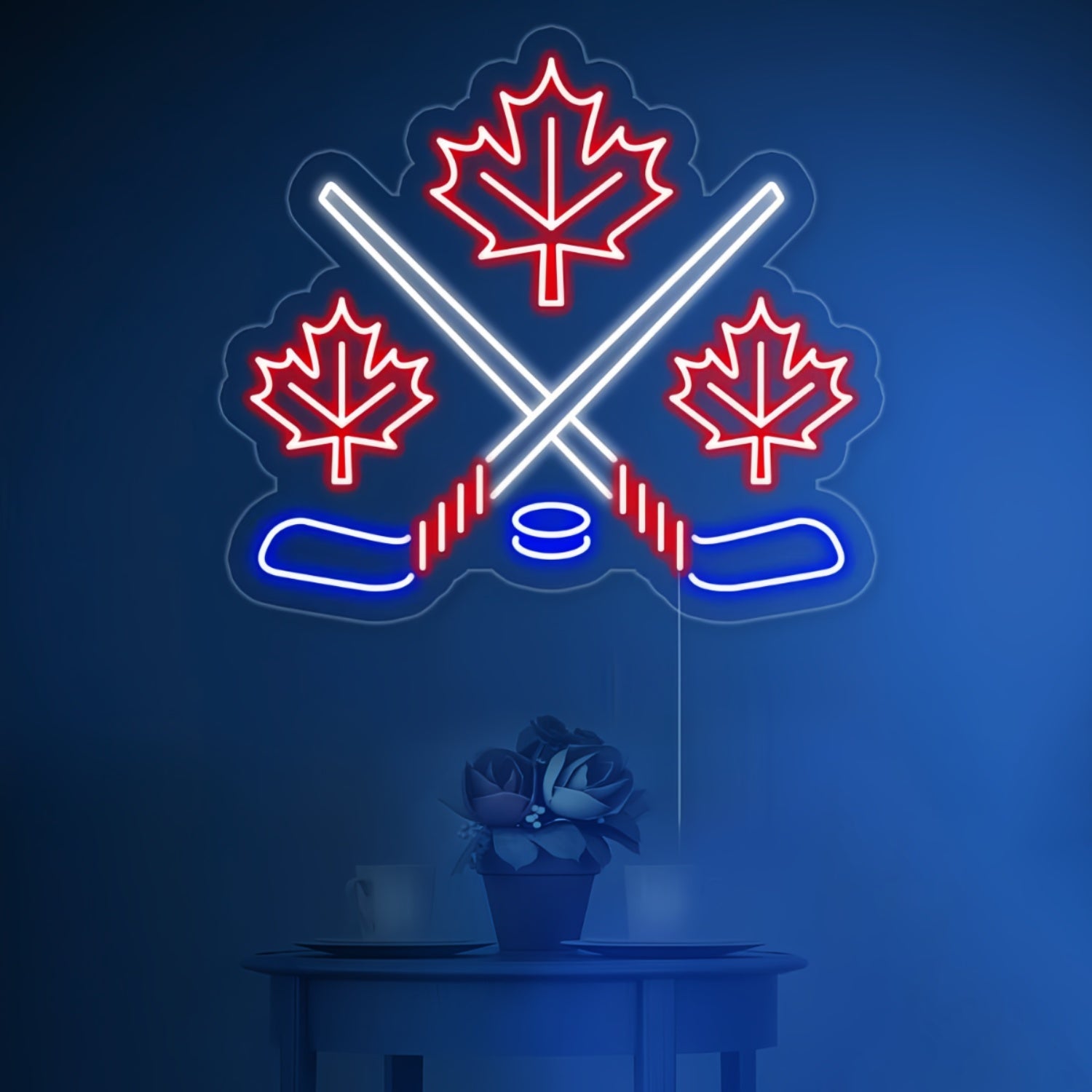 Maple Leaves With Crossed Hockey Sign In Neon Light | Shineneon