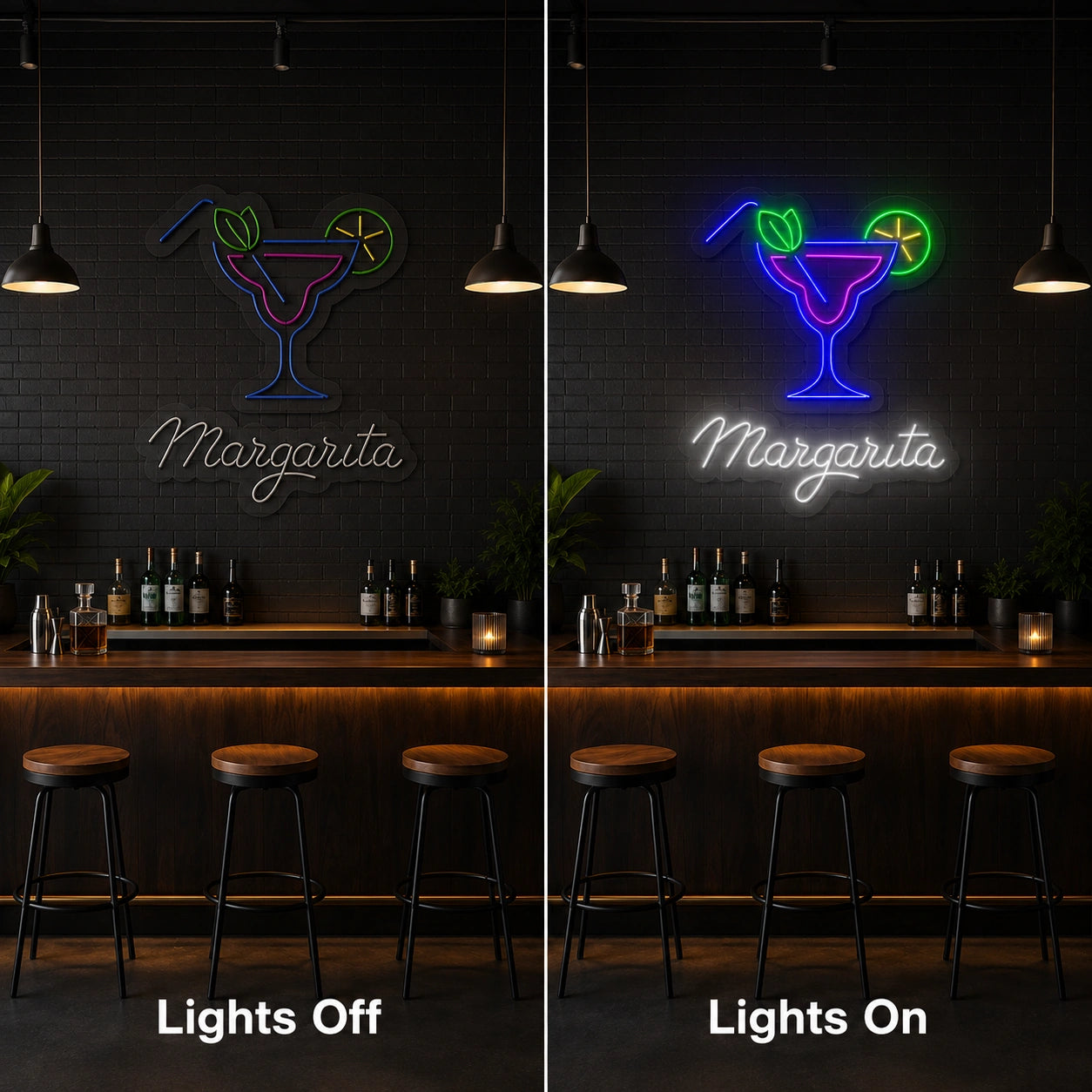Margarita Bar LED Neon Sign - 06 Day Night Comparison