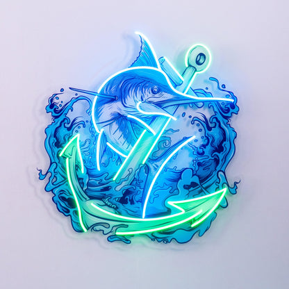 Marlin Fish And Anchor Uv Printed Led Neon Sign With Blue-Green Waves For Marine Decor | Shineneon