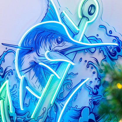 Marlin Fish And Anchor Uv Printed Led Neon Sign With Blue-Green Waves For Marine Decor | Shineneon