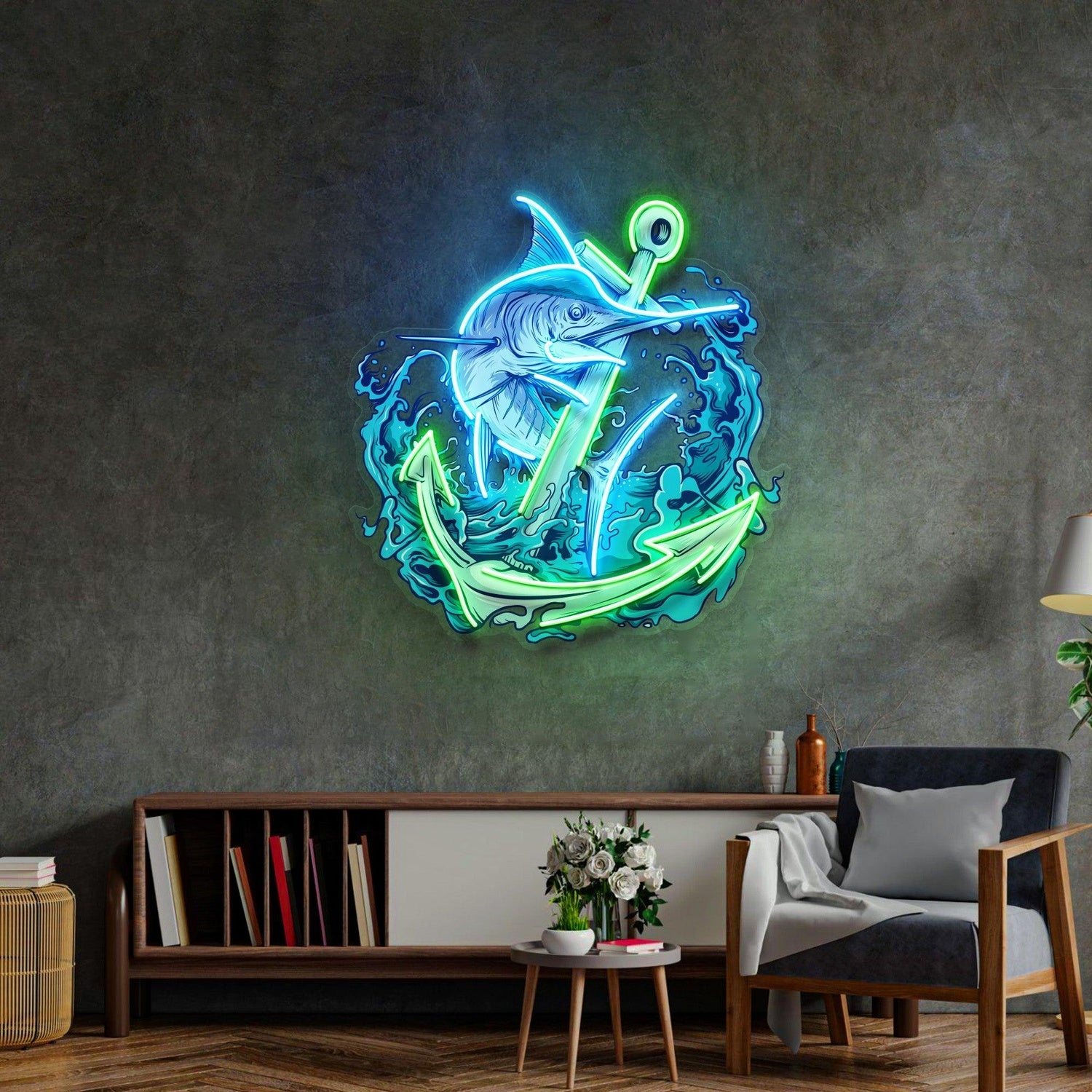 Marlin Fish And Anchor Uv Printed Led Neon Sign With Blue-Green Waves For Marine Decor | Shineneon