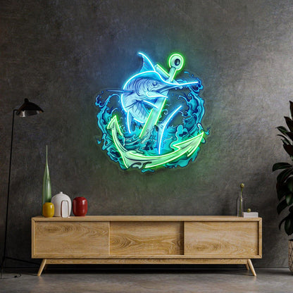 Marlin Fish And Anchor Uv Printed Led Neon Sign With Blue-Green Waves For Marine Decor | Shineneon