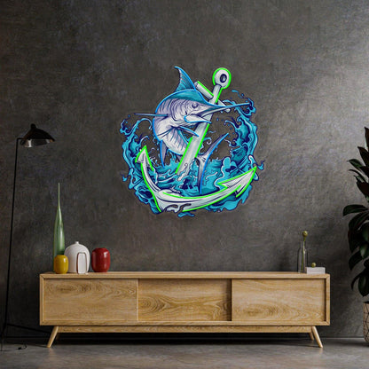 Marlin Fish And Anchor Uv Printed Led Neon Sign With Blue-Green Waves For Marine Decor | Shineneon