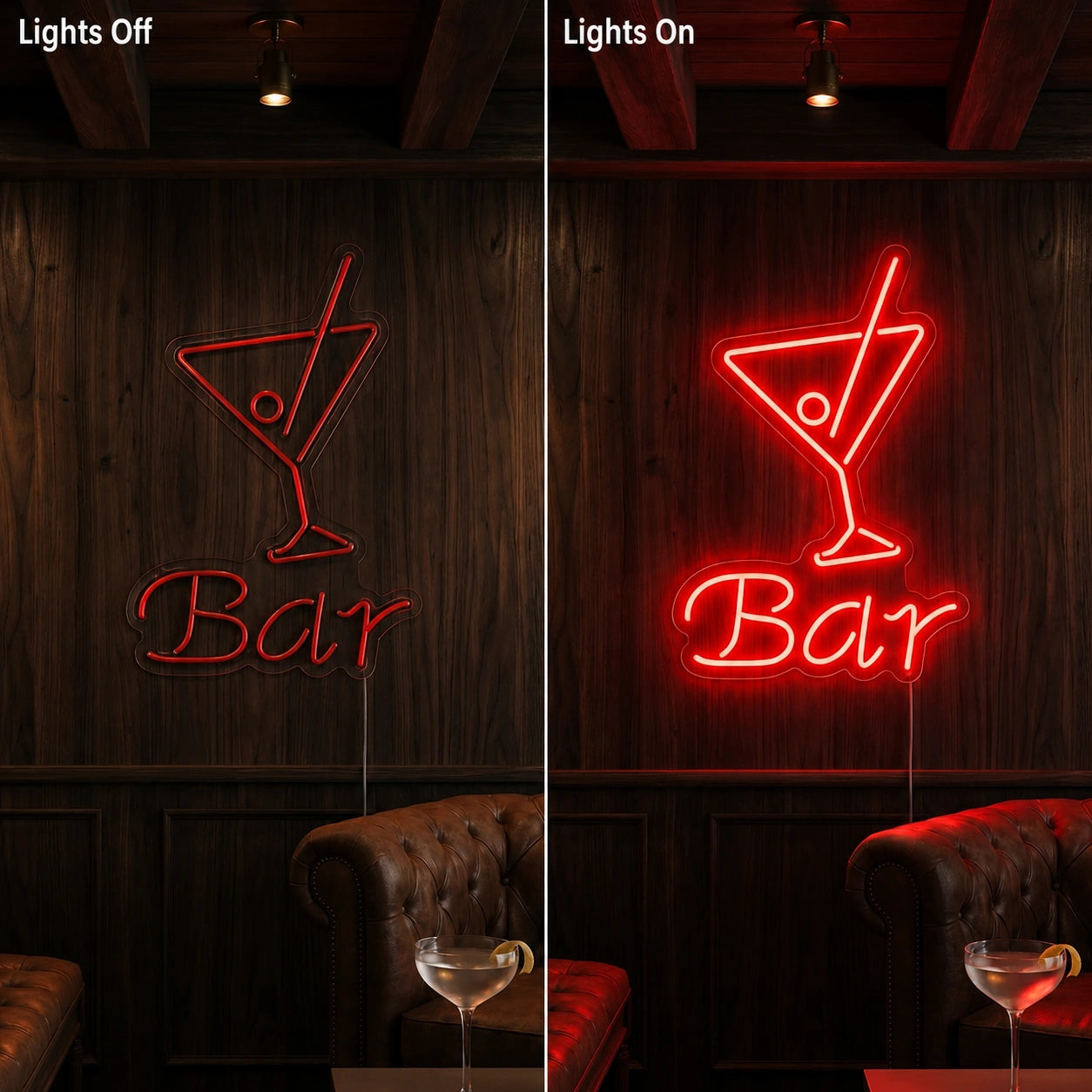Martini Bar Neon Sign Wall Art LED Neon Sign day and night comparison