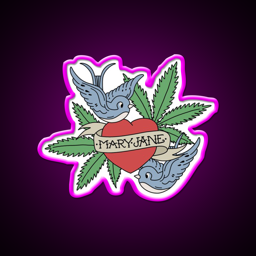 Mary Jane Hemp Inspired Green Leaf Led Neon Sign Rgb Color - Neon sign mounted on wall in room