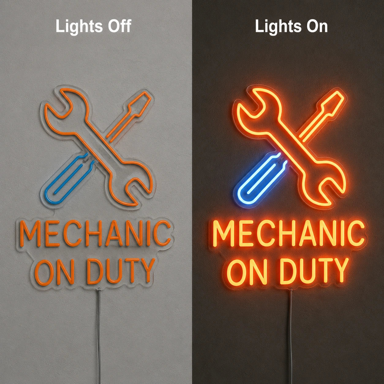 Mechanic On Duty Tools Neon Sign LED Neon Sign day and night comparison