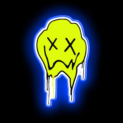Melting Smiley Face Neon Sign - Neon sign mounted on wall in room