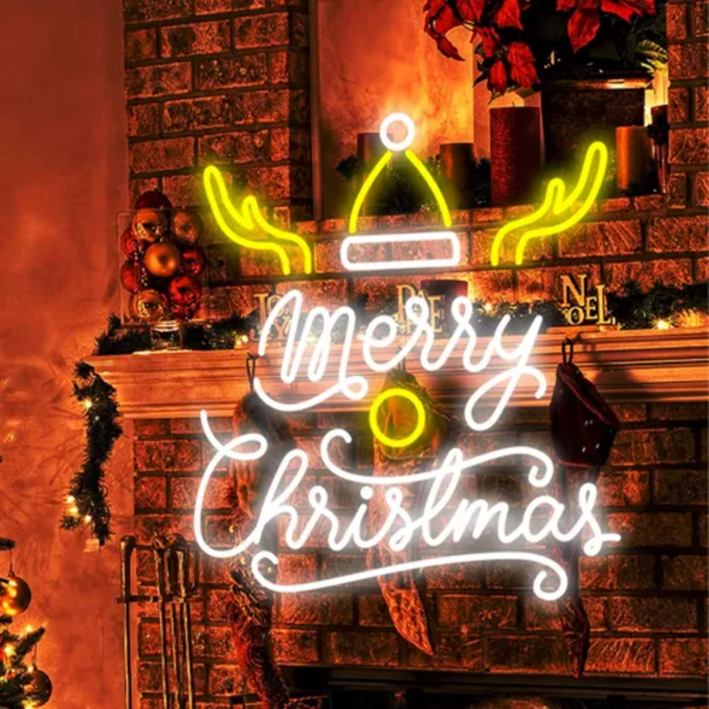 Merry Christmas Deer Horn With Hat Led Neon Sign | Shineneon