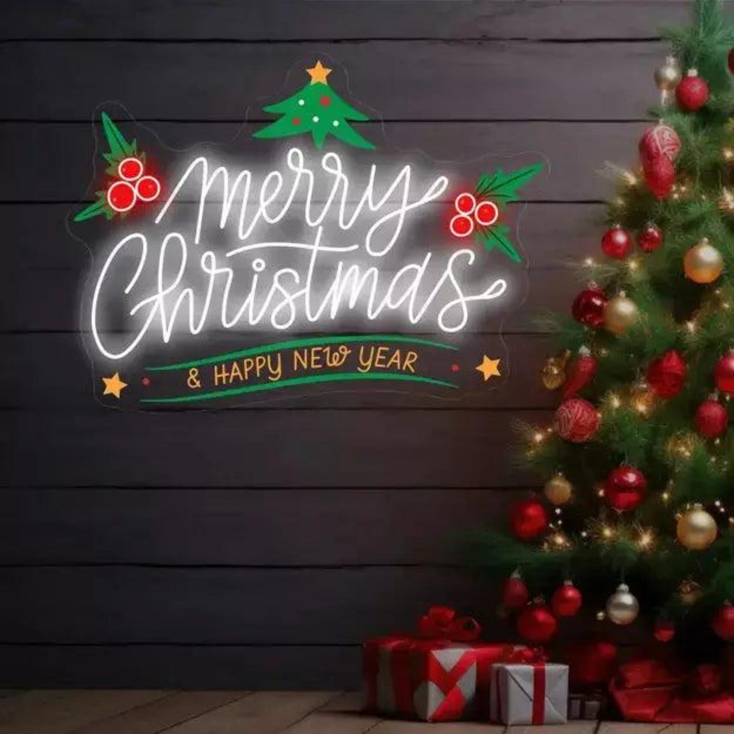 Merry Christmas Happy New Year LED Neon Sign with Christmas Tree Star Berries | Shineneon