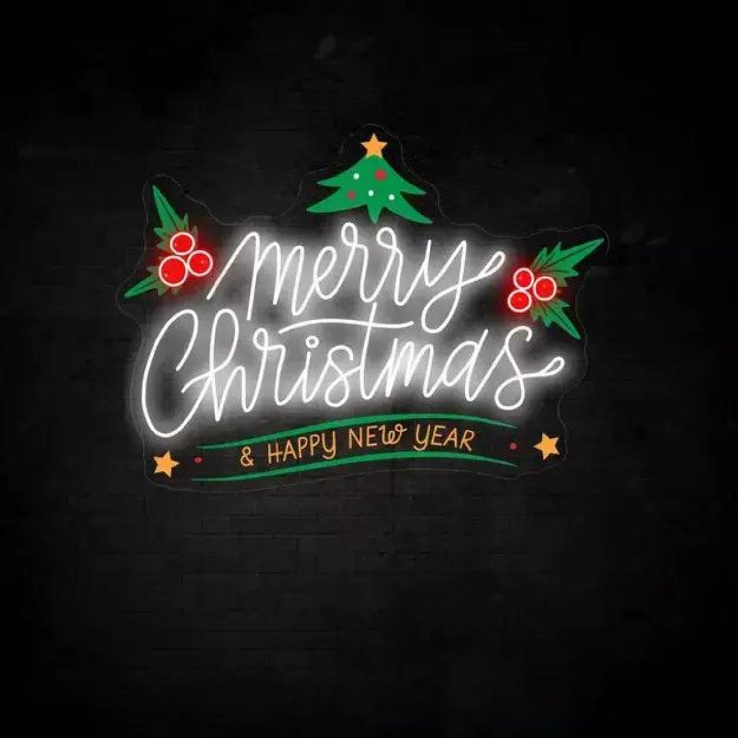 Merry Christmas Happy New Year LED Neon Sign with Christmas Tree Star Berries | Shineneon