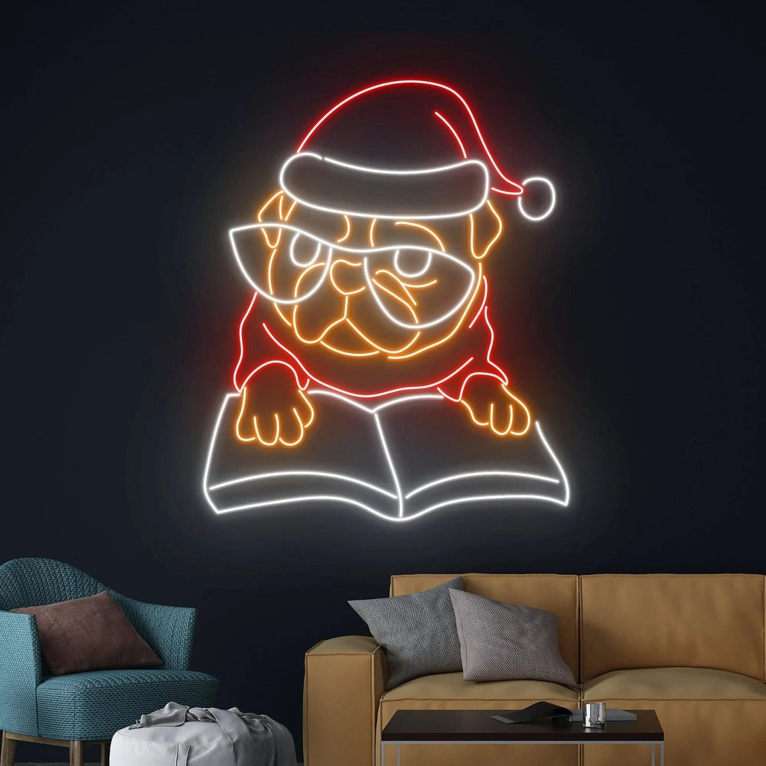 Merry Christmas Pug With Book And Glasses Led Neon Sign For Living Room Decor | Shineneon
