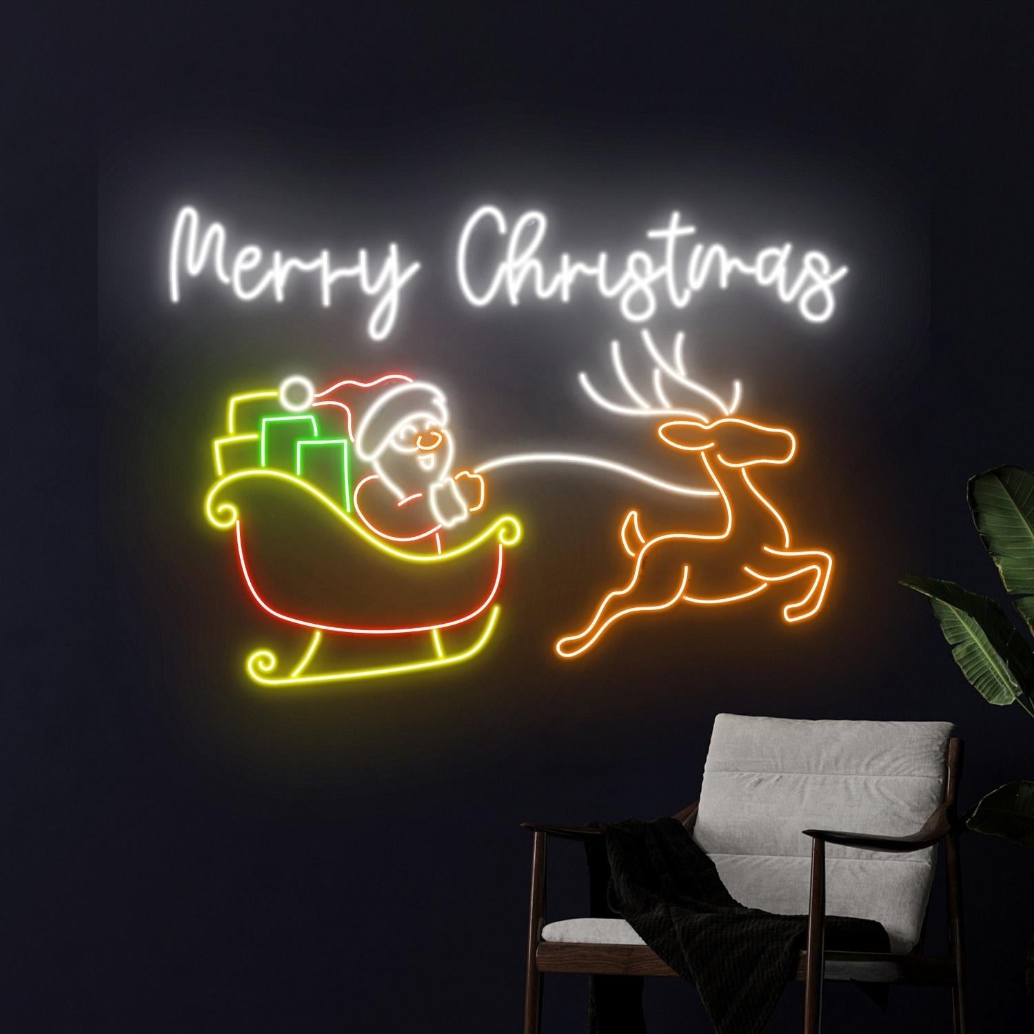Merry Christmas Santa Claus Sleigh Reindeer Led Neon Sign | Shineneon