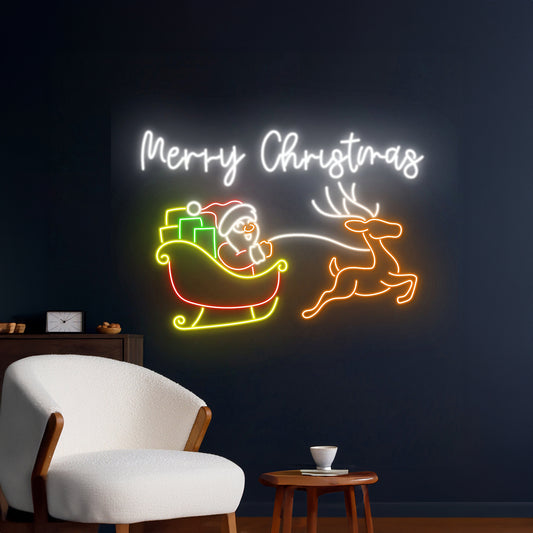 Merry Christmas Santa Claus Sleigh Reindeer Neon Sign