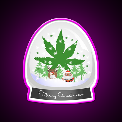 Merry Christmas Snow Globe Hemp Inspired Green Leaf Led Neon Sign Rgb Color - Neon sign mounted on wall in room