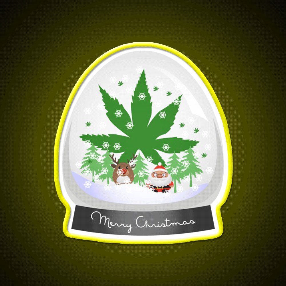 Merry Christmas Snow Globe Hemp Inspired Green Leaf Led Neon Sign Rgb Color - Custom LED neon sign front view
