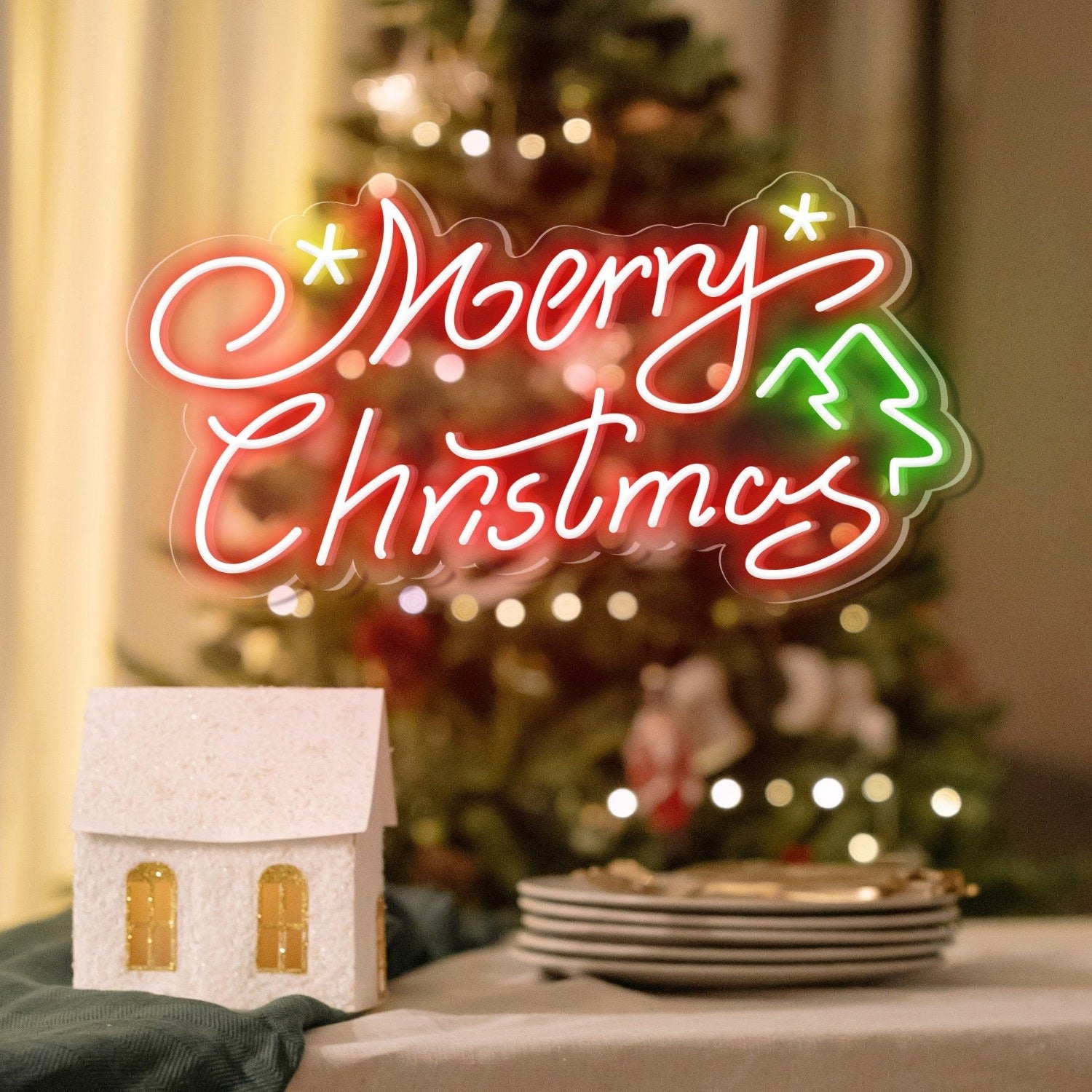 Merry Christmas Stars Trees Multicolor Led Neon Sign For Indoor Holiday Decor | Shineneon