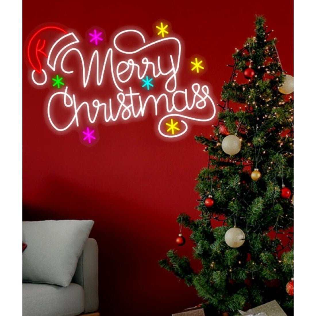 Merry Christmas With Stars And Santa Hat Led Sign Business Neon Sign - Shineneon