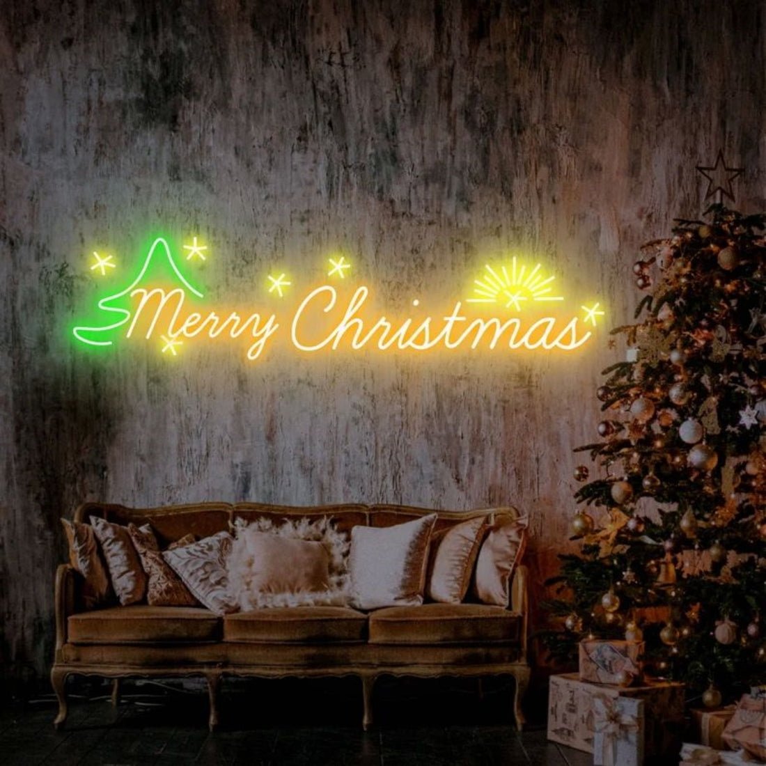Merry Christmas With Tree And Stars Led Sign Business Neon Sign - Shineneon