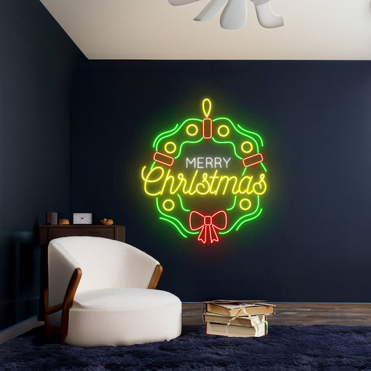 Merry Christmas Wreath Neon Sign