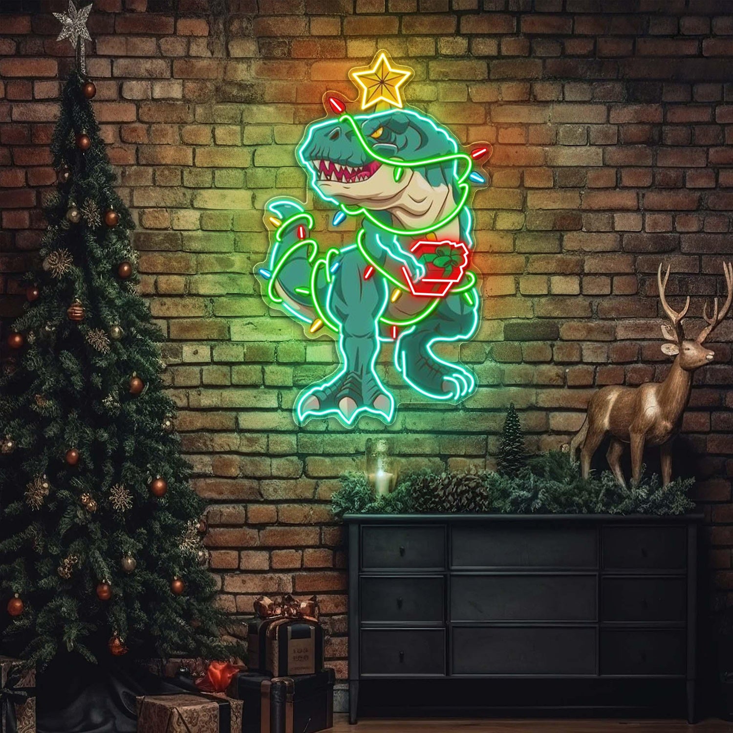 Merry Rex-Mas Cartoon Dinosaur Uv Printed Led Neon Sign Artwork For Christmas Home Decor | Shineneon