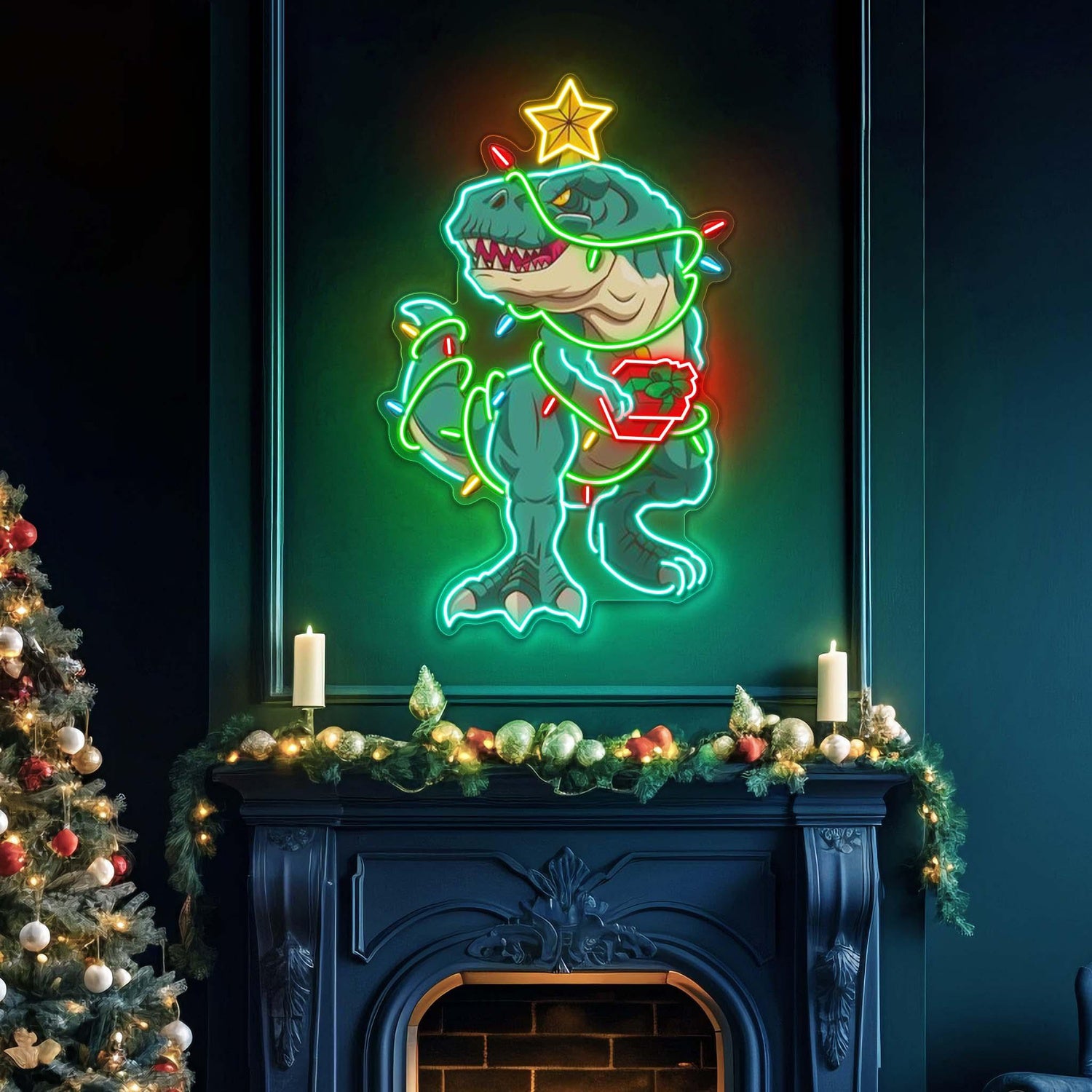 Merry Rex-Mas Cartoon Dinosaur Uv Printed Led Neon Sign Artwork For Christmas Home Decor | Shineneon