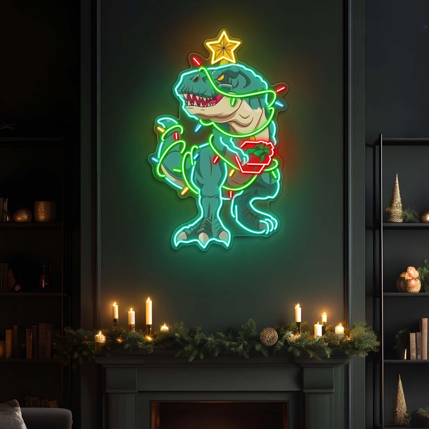 Merry Rex-Mas Cartoon Dinosaur Uv Printed Led Neon Sign Artwork For Christmas Home Decor | Shineneon