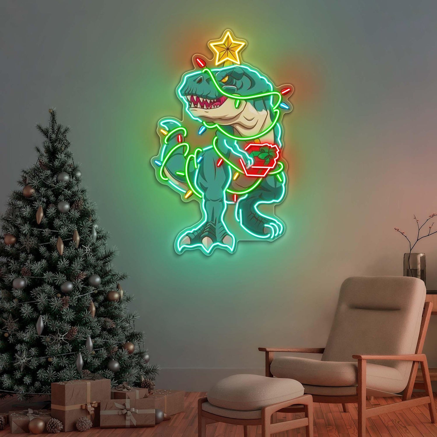 Merry Rex-Mas Cartoon Dinosaur Uv Printed Led Neon Sign Artwork For Christmas Home Decor | Shineneon
