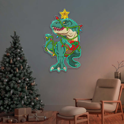 Merry Rex-Mas Cartoon Dinosaur Uv Printed Led Neon Sign Artwork For Christmas Home Decor | Shineneon