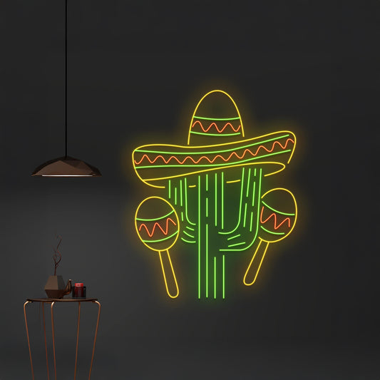 Mexican Cactus Sombrero Maraca Neon Light