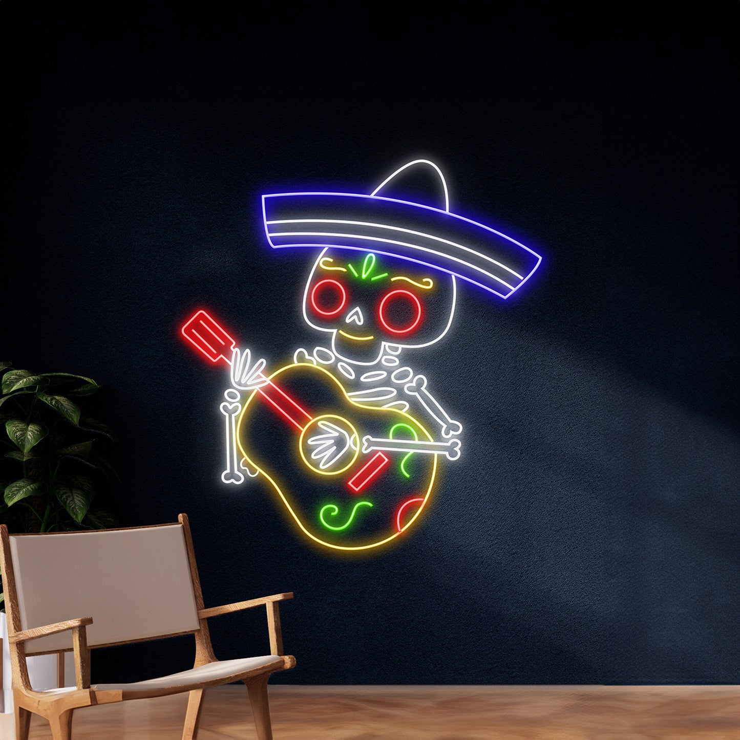 Mexican Skeleton Playing Guitar Neon Sign