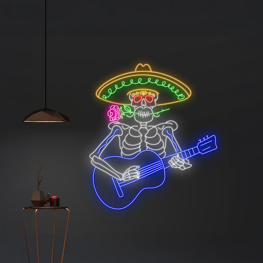 Mexican Skeleton Playing Guitar Neon Sign Skeleton In Sombrero Led Neon