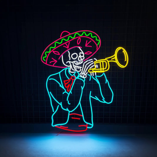 Mexican Skeleton Playing Trumpet Led Sign Wall Decor